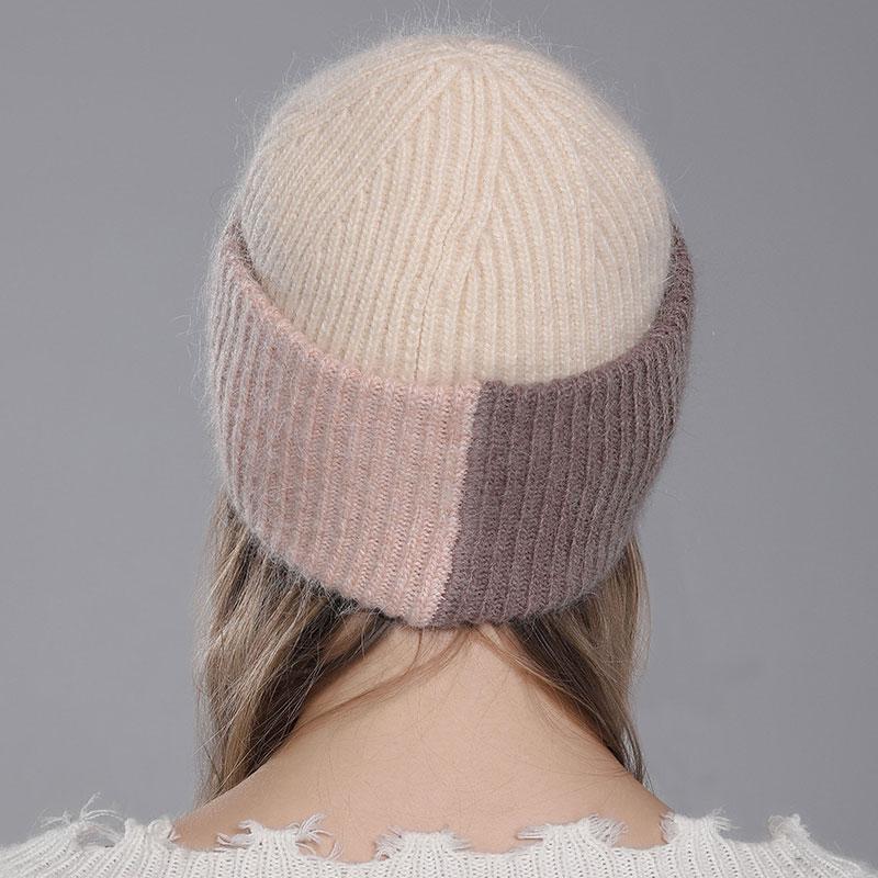 New Fashion Color Splicing Knitted Women's Hats Warmth Angora Rabbit Fur Hat Winter Beanie for Lady Adult Female Cap