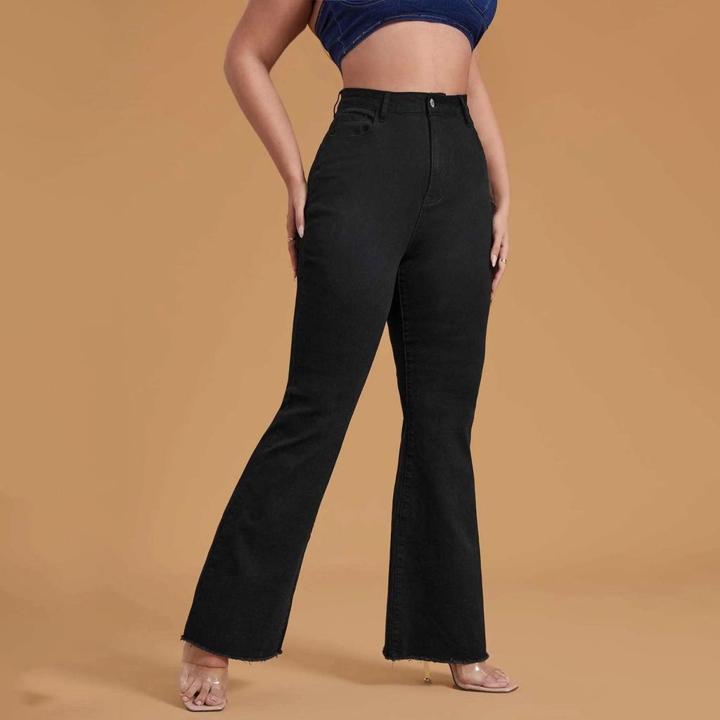 Ladies' Solid Color Casual Versatile Mid Waist Fringed Denim Big Flared Pants Jeans
