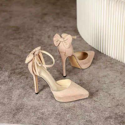 Schleife schwarz Premium wasserdicht Tisch Ein-Wort-Schnalle mit super hohen Absätzen hohle schöne Sandalen Damen dünner Absatz 12cm
