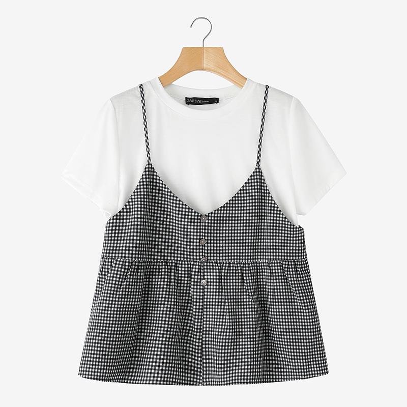 

ZANZEA Women Casual Round Neck Short Sleeve Grid Patchwork Two Piece T-Shirts L