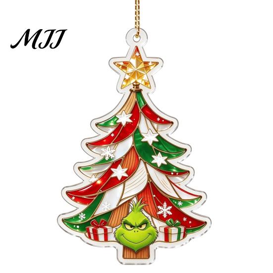 Gift Box Snowflake Ornaments Green Elf Christmas Ornament, 2D Acrylic Red Bell Tree Candy Cane Durable Holiday Gifts Shaped Double Sided Hanging