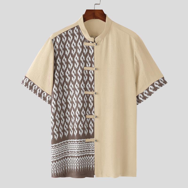 INCERUN Men Stand Collar T Shirt Vintage Printed Short Sleeve Tops