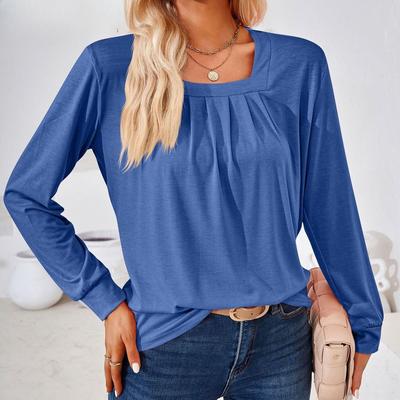 Damenmode, lässig, Frühling und Herbst, einfarbig, langärmelig, quadratischer Kragen, Blusen und Hemden