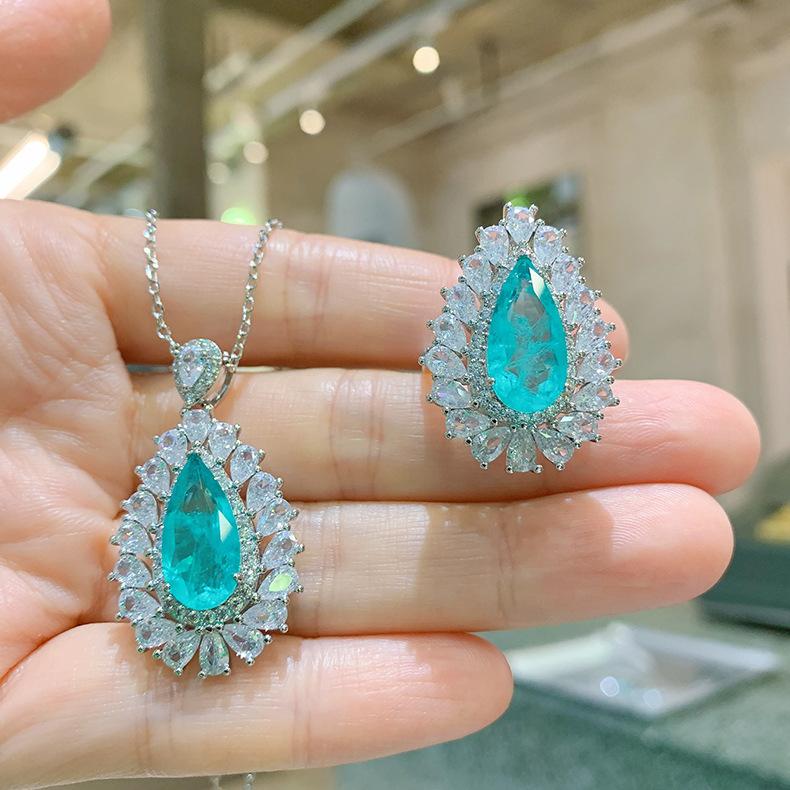 Retro Quadrat Smaragd Anhänger Grenzüberschreitend Paraiba Halskette Schmuck Ring Zubehör Set