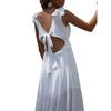 Damen-Sommerkleid, weiß, V-Ausschnitt, sexy, rückenfrei, einfarbig, ärmellos, All-Match-Kleid mit Schleife und Schlitz, S-XL