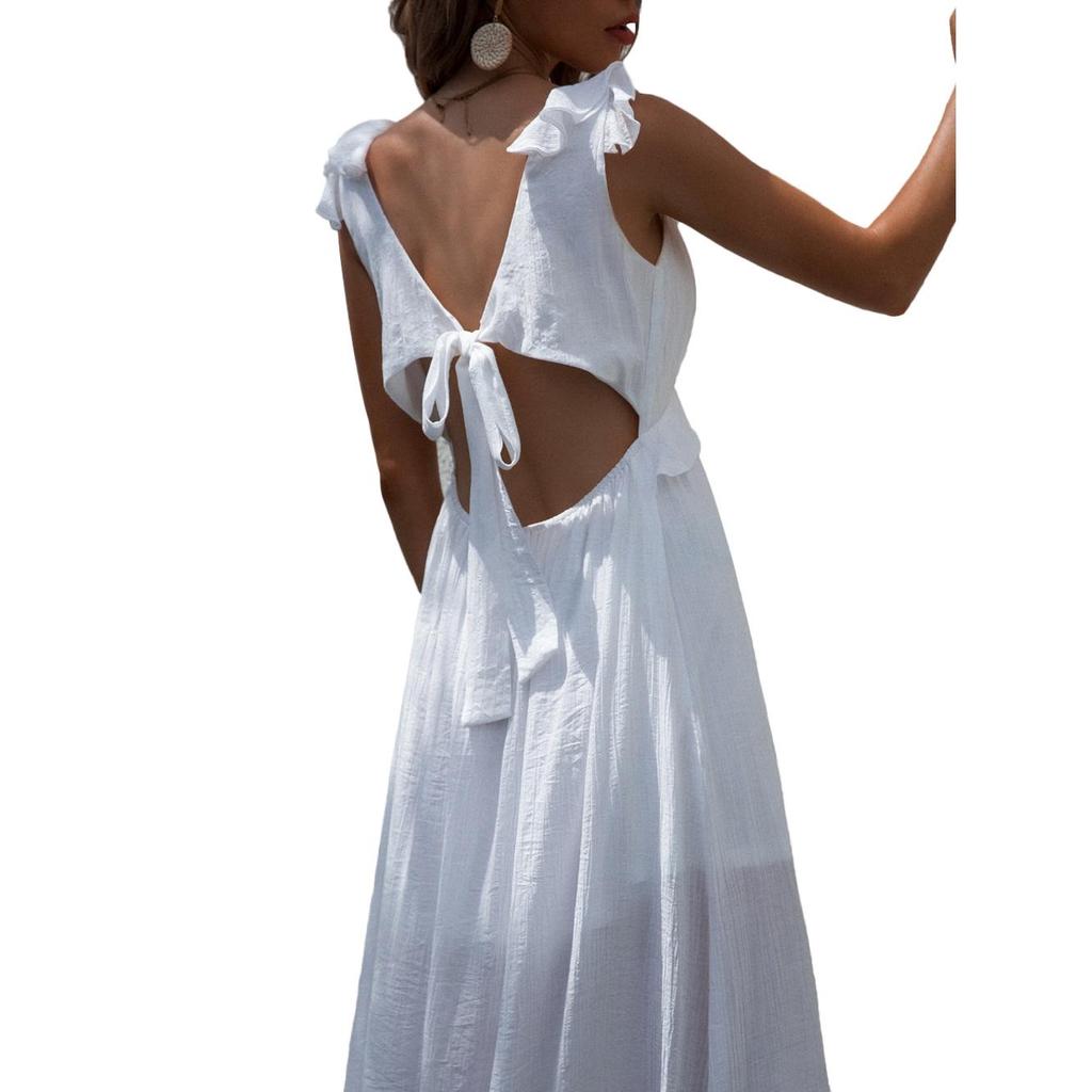 Damen-Sommerkleid, weiß, V-Ausschnitt, sexy, rückenfrei, einfarbig, ärmellos, All-Match-Kleid mit Schleife und Schlitz, S-XL