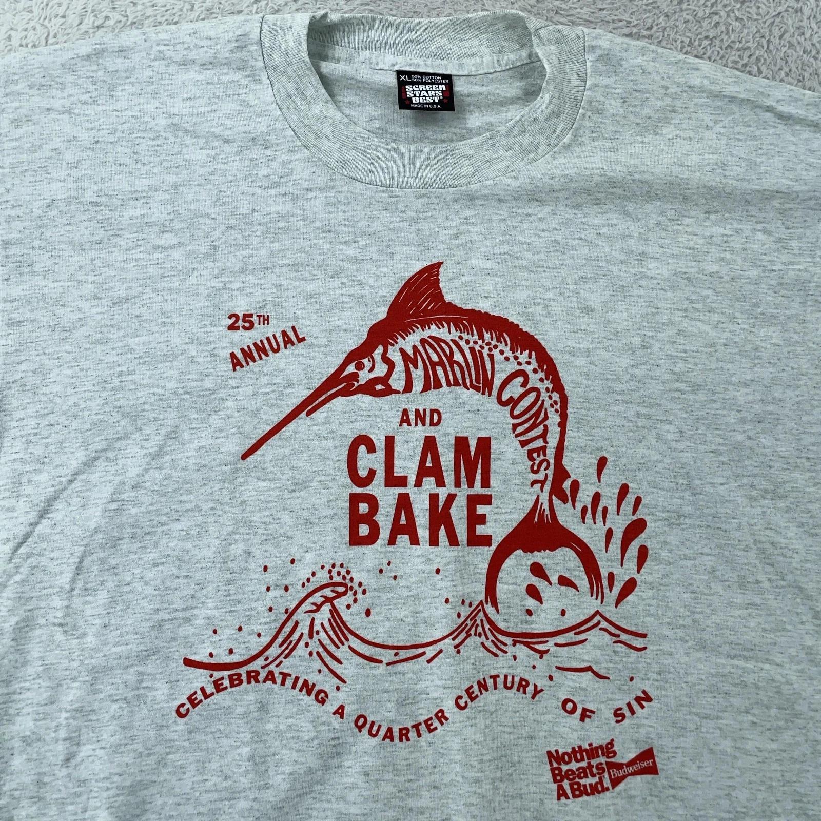Винтажная футболка Marlin Contest Clam Bake 90-х Мужская L/XL Серая Budweiser Сделано в США Футболка 3XL