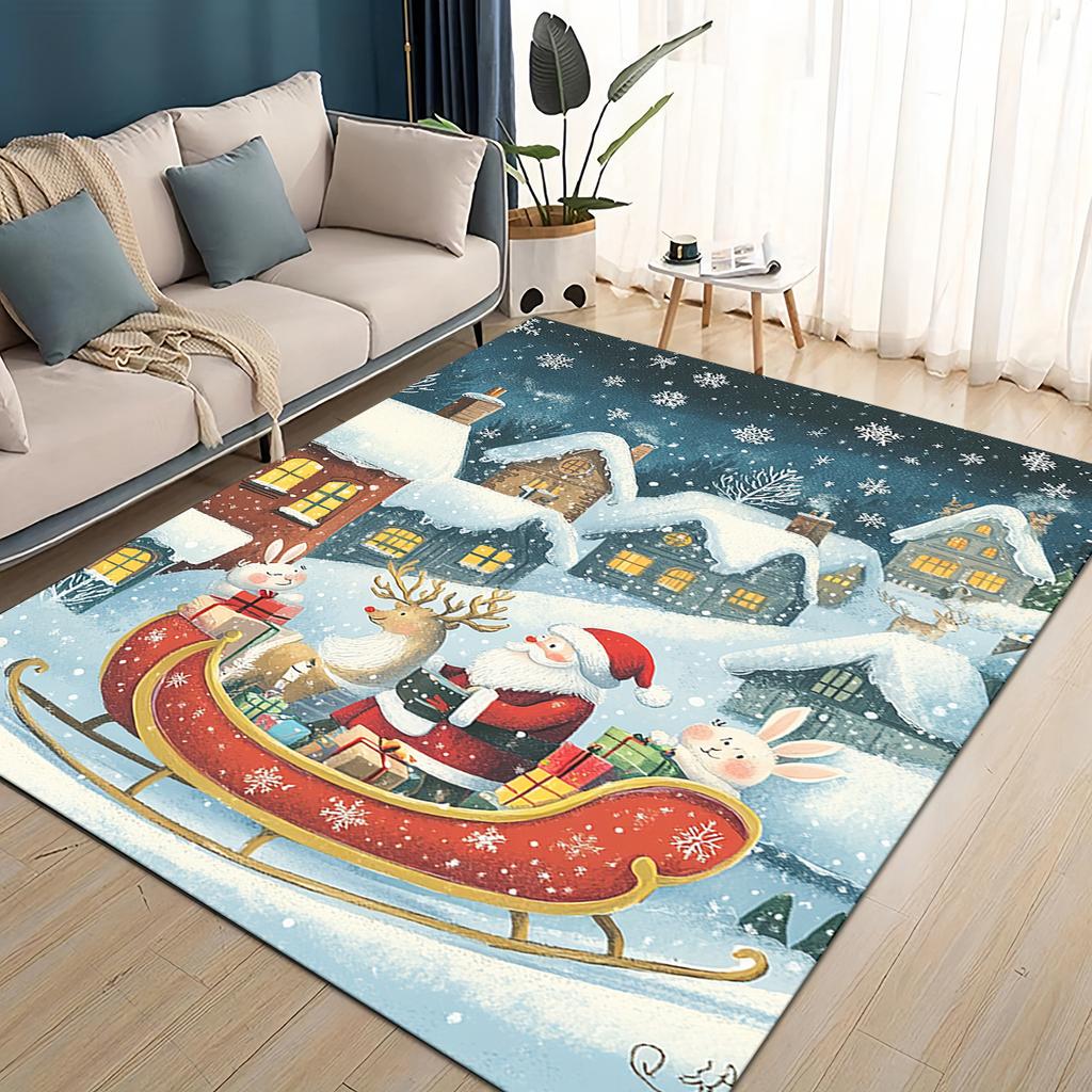 Merry Christmas Cartoon Santa Claus Snowman New Year Gift Carpet Rug for Living Room Bedroom Home Sofa Decoration,Non-slip Mat