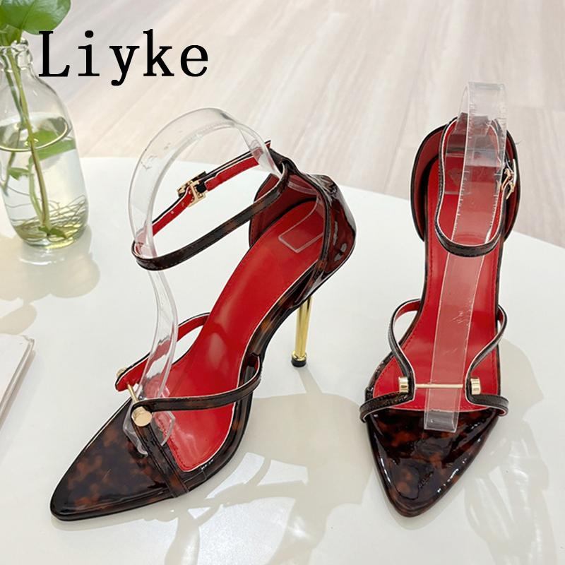 Fashion Liyke Fashion Design Metal Decoration Narrow Band Women Sandal High Heels Sexy Pointed Open Toe Wedding Banquet Shoes Size 35-41