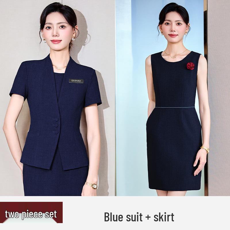 Women's Gray Summer Suit Set: Short-Sleeved Professional Attire for Hotel Front Desk or Jewelry Store