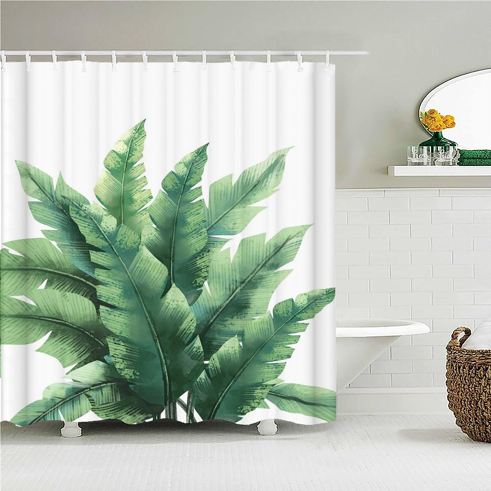 Waterproof Fabric Shower Curtain Printing Fresh Green Plant Leaves Bathroom Curtains Polyester Decoration Bath Screen with Hooks