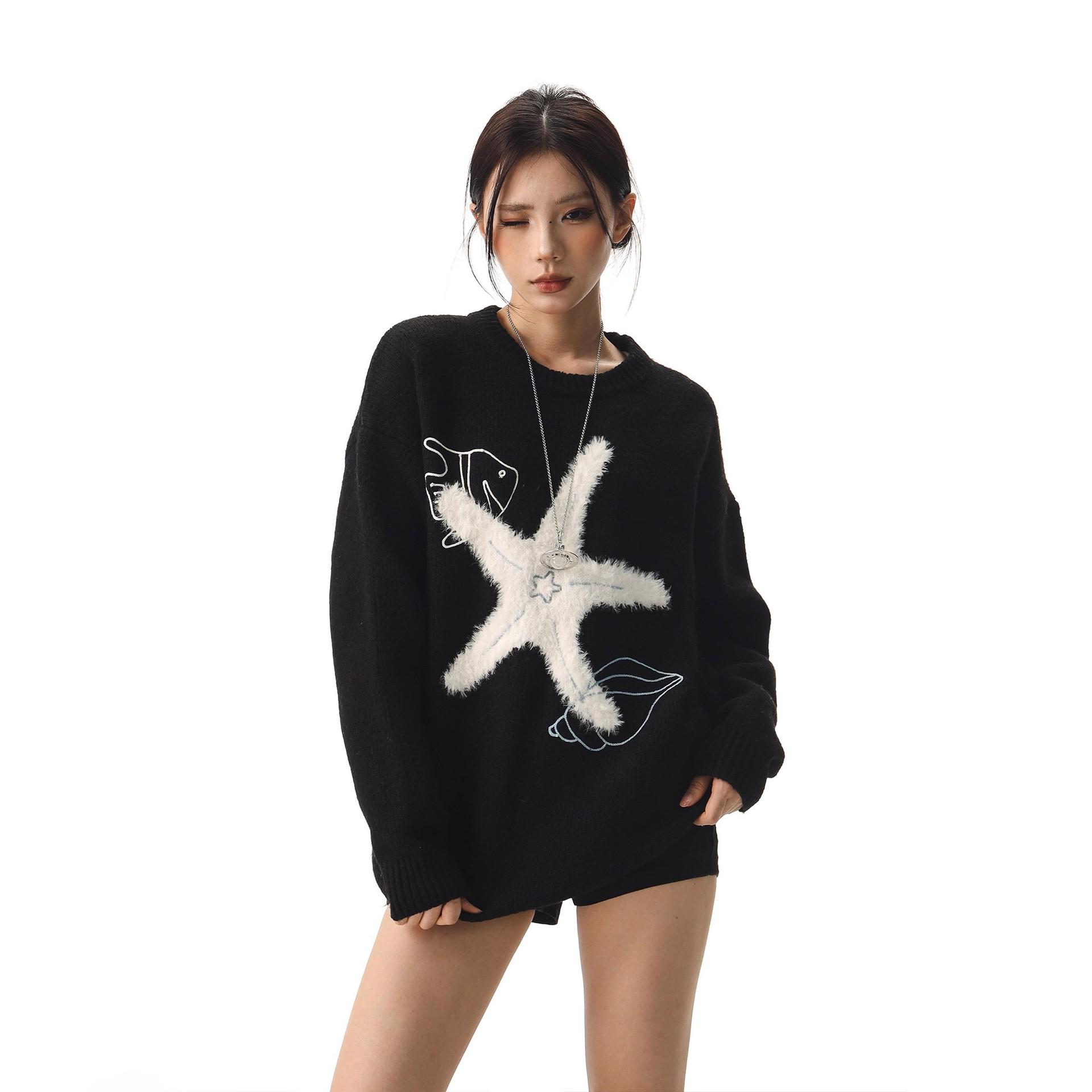 

CTB Retro Beer Starfish Sweater - Unisex Loose Fit with Seashell Embroidery for Autumn/Winter 2XL чёрный