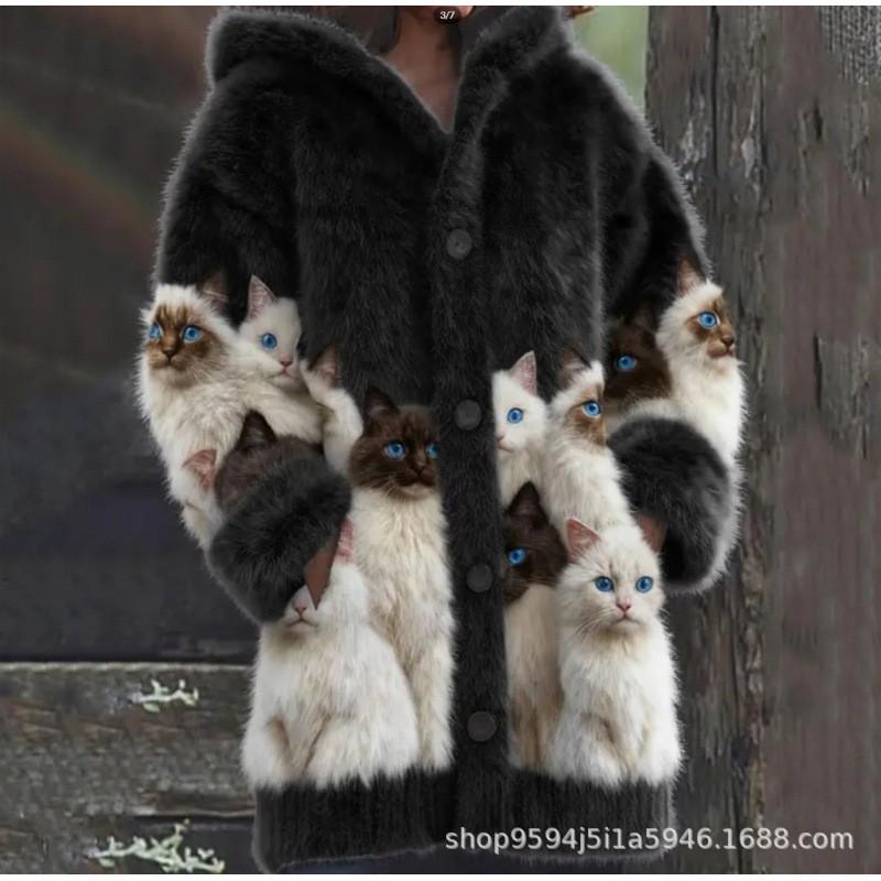 Womens 3D Cat Print Hooded Cardigan Sweater Coat Long Sleeve Thick Casual Outerwear