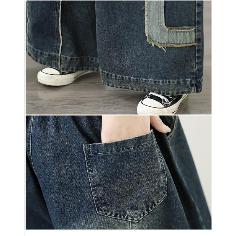 Women's Fashion Jeans Vintage Patchwork Wide Leg Loose Fit Stretchy Comfortable Plus Size Denim Pants for Spring Fall