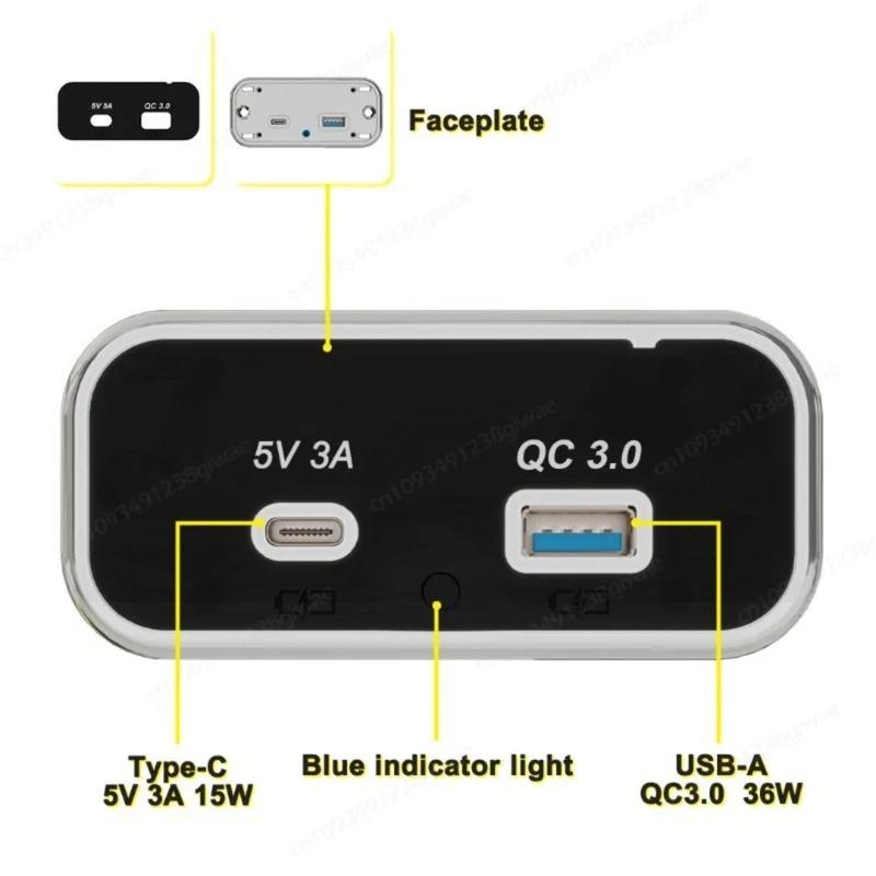 12V RV USB Outlet PD3.0 Type-C,USB-C 5V 3.1A,QC3.0 USB-A Port Panel Wall Car USB Socket Charger Adapter for Marine Bus ATV Truck