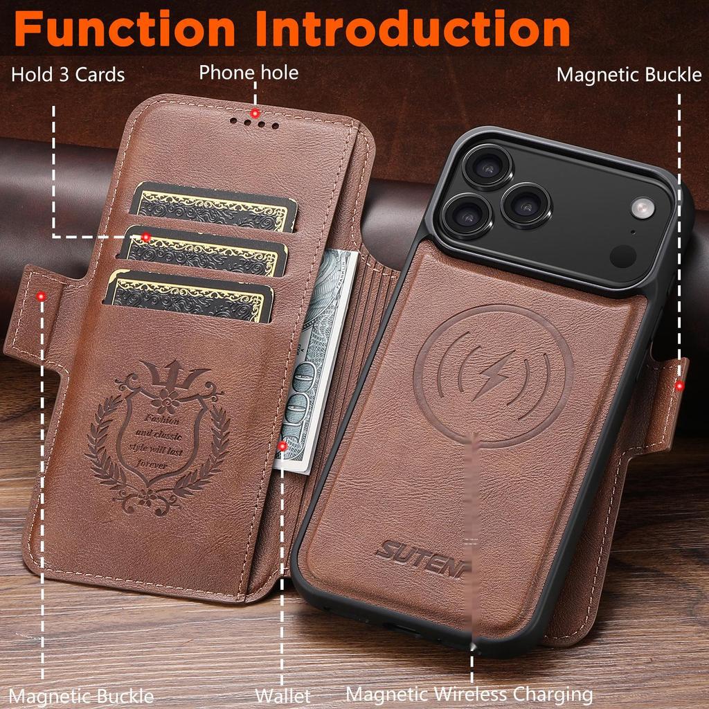 iPhone 17 Pro Max Flip Case: Card Slot, Magnetic Snap, Wireless Charging Stand, Leather 2-in-1 Design
