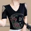 New European V-Neck Women Bling Flower Butterfly T-Shirt Streetwear Hot Diamonds Tees Summer Short Sleeve Slim Tops