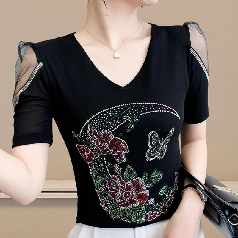 New European V-Neck Women Bling Flower Butterfly T-Shirt Streetwear Hot Diamonds Tees Summer Short Sleeve Slim Tops