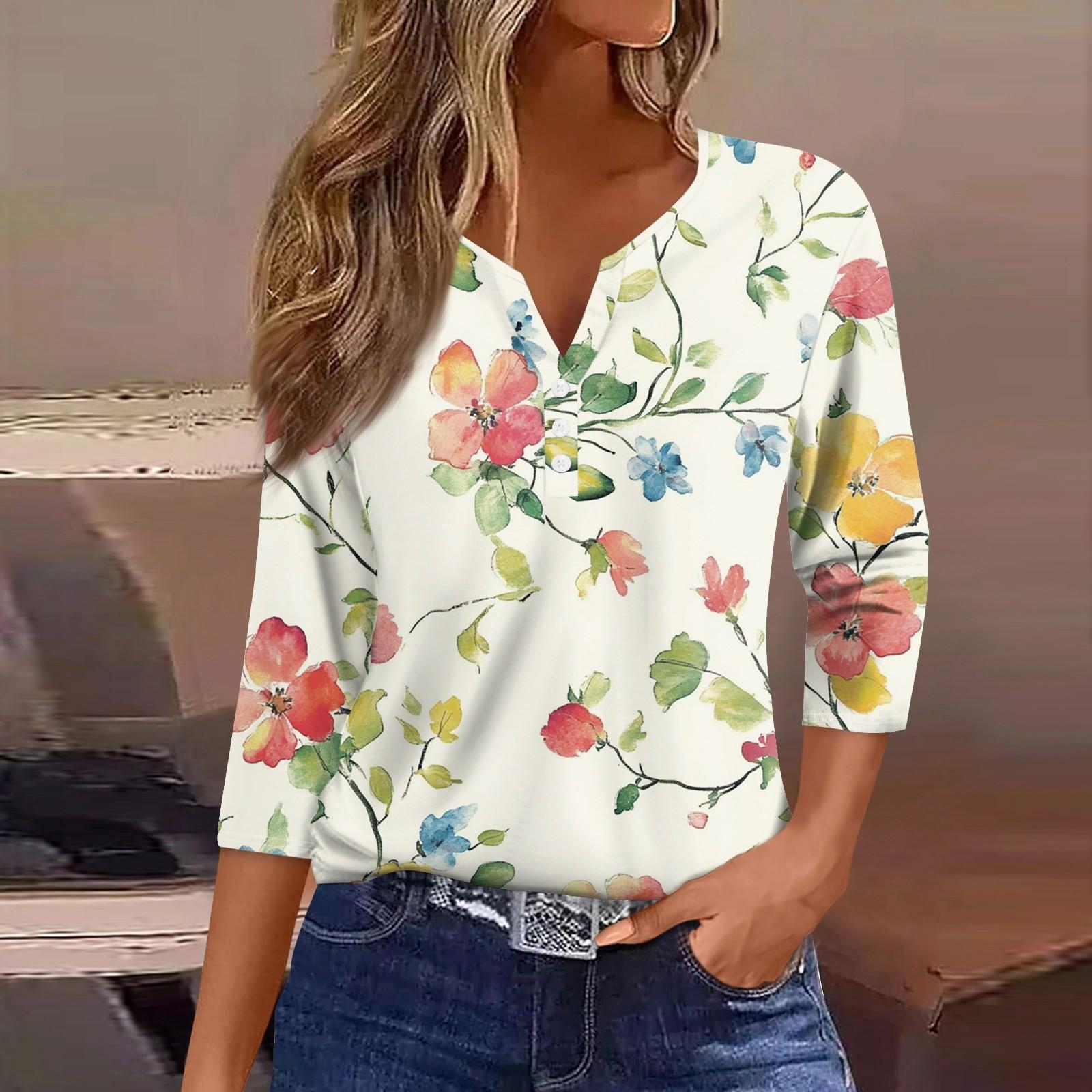 

Жен. Футболка Футболка С принтом Пуговицы Рукав 3/4 Повседневные Выходные Мода Классический Классический V-образный вырез Обычный Верх S бежевый