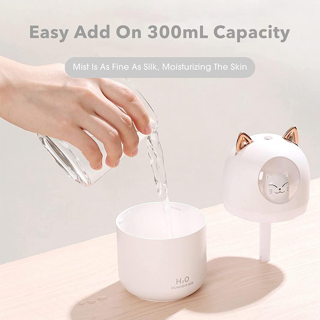 Cute Cat Cool Mist Humidifier for Home,Cat Night Light Essential Pure Air for Baby Room,Easy Clean Quiet Operation White