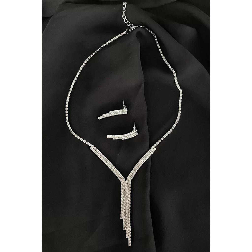 Evening Dress Necklace Earring Set, Wedding Engagement Henna Bridal Set White, Silver