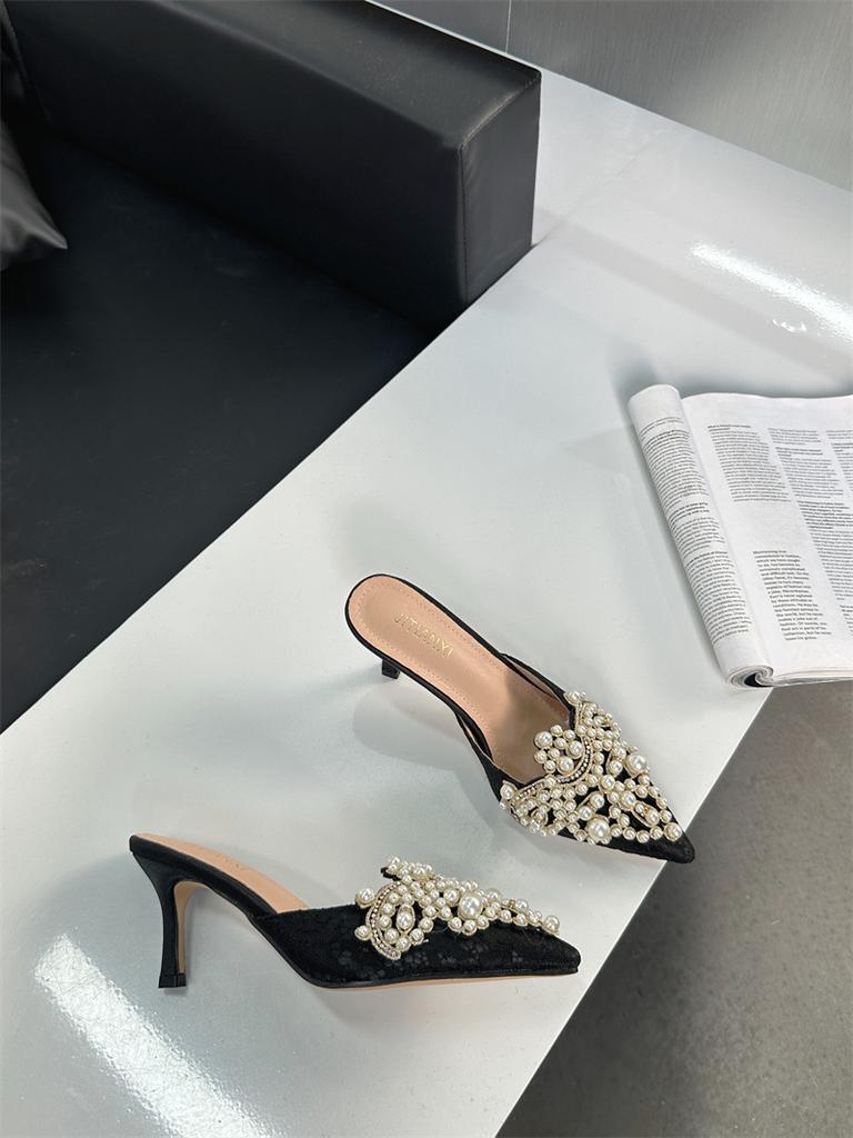 Hot Sale Lace Pointed Handmade String Pearl Rhinestone Slippers High Heels Single Shoes Sandals Wedding Shoes Women