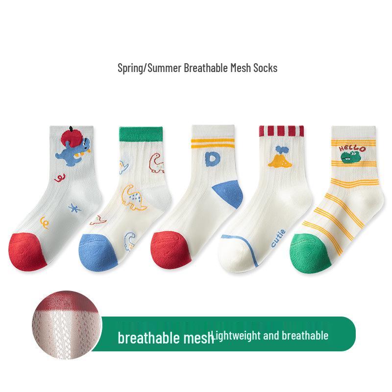 5 Pairs Children's Breathable Mesh Cotton Socks, Cartoon Design for Ages 1-14, Ideal for Spring and Summer