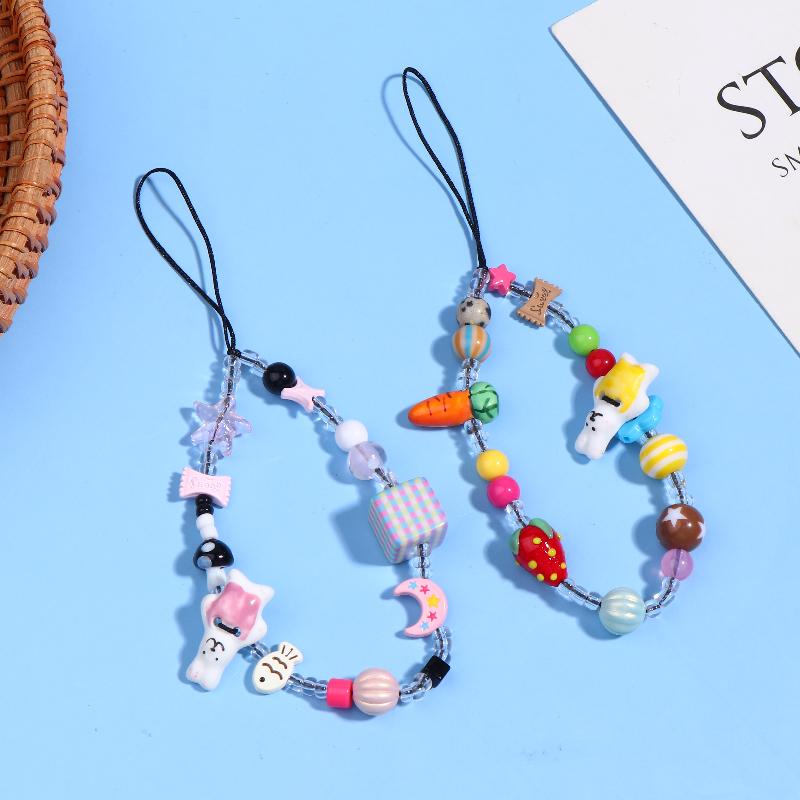 Y2K Aesthetic Beaded Phone Chain Ins Style Cartoon Mobile Phone Lanyard Keycord Anti Lost Key Strap Bag Pendant Cellphone Straps