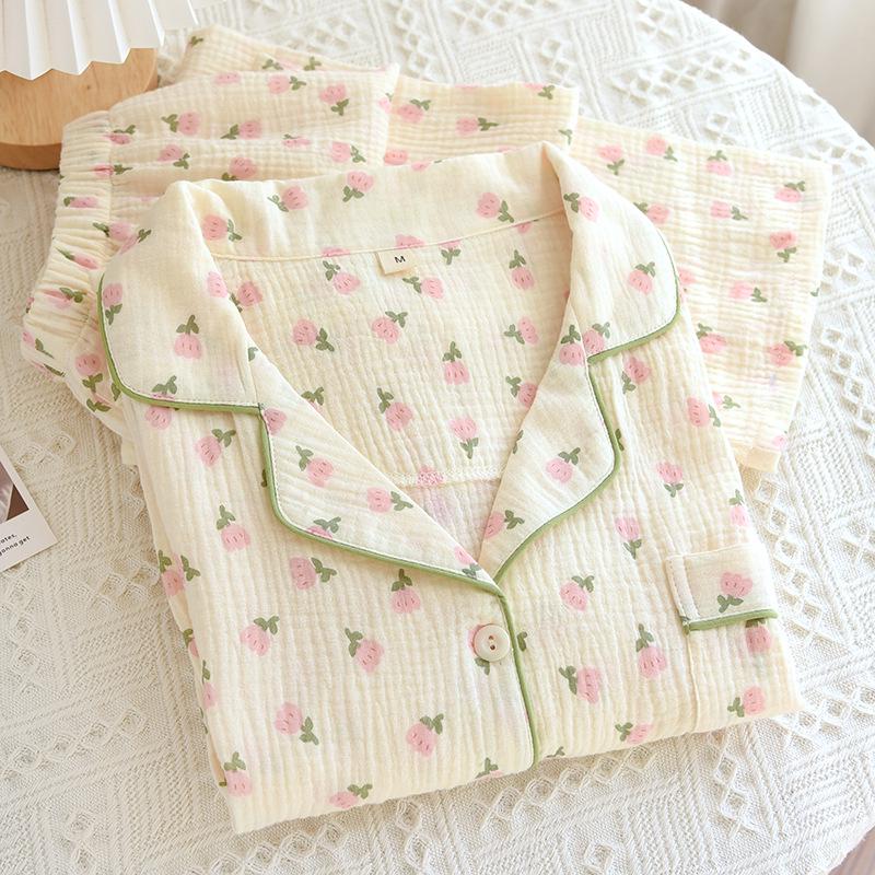 Women's Floral Crepe Pajama Set - Long Sleeve, Turn-Down Collar, Double Layer Gauze, Spring/Autumn Sleepwear
