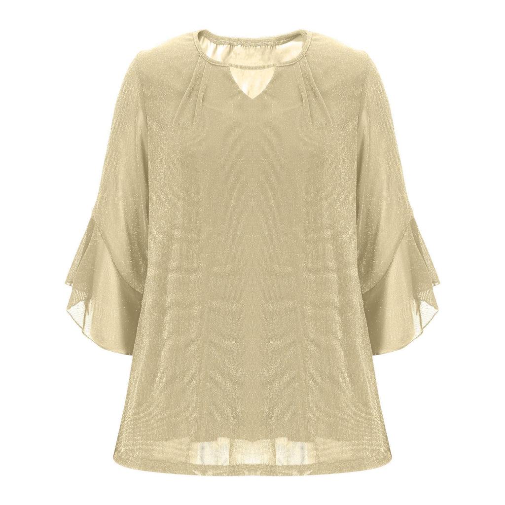 Women's Elegant Ruffled Shiny Stamped Seven-Sleeve Double Layer Mesh Top
