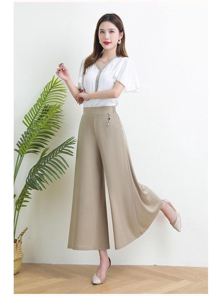 Mom's Summer Plus Size Ice Silk Wide Leg Skirt Pants - Elastic Waist Nine-Point Casual Pants for Women