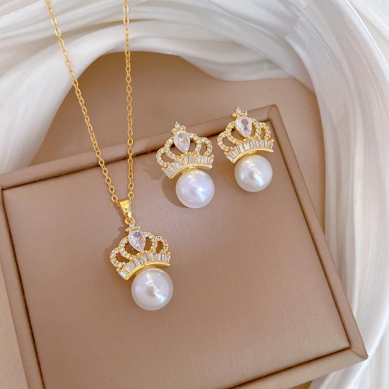 Necklace Earrings Set Light Luxury Full Of Diamonds Pearl Crown Personality Temperament Banquet Earrings Necklace Group