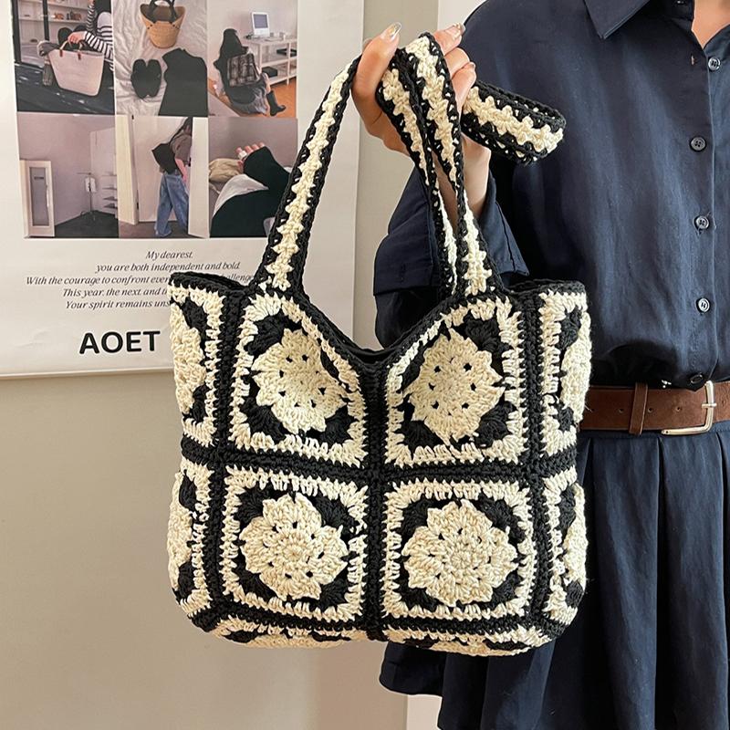 Crochet Square Patchwork Tote Bag Handwoven Contrast Color Flower Pattern Design Women Bohemian Style Beach Vacation Shoulderbag