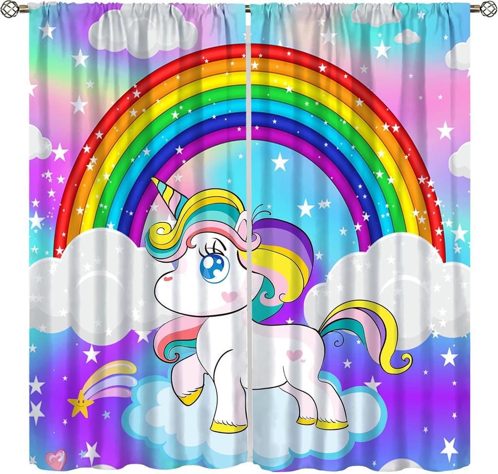 Purple Unicorn Curtains Girls Fantasy Mystery Fairytale Clouds Stars Magic Unicorns Window Drapes Kids Nursery Made Of Polyester