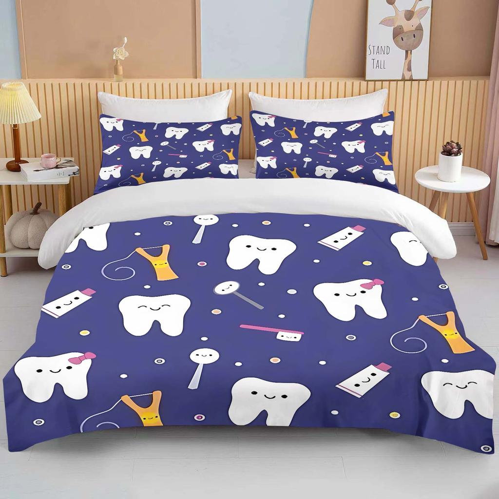 Niedliches Cartoon-Zähne-Druck Bettwäscheset Bettbezug 1 Bettbezug 2 Kissenbezüge Bettwäscheset für Erwachsene und Kinder Luxus-Bettüberwurf-Set
