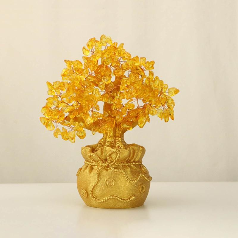 Exquisite Lucky-Tree Chinese Feng Shui Money Tree Desktop Ornament Yellow Crystal Fortune Tree Decoration for Room Shop