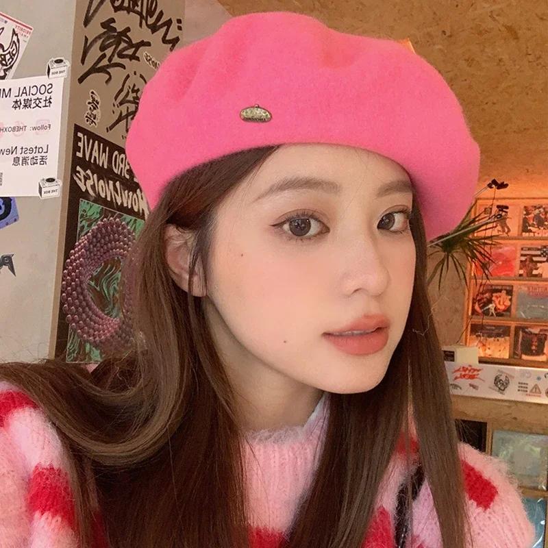 Women'S Winter High Quality Wool Beret Metal Copper Buckle Solid Color Painter Hat Satin Embroidery Vintage Logo Beanie Hat