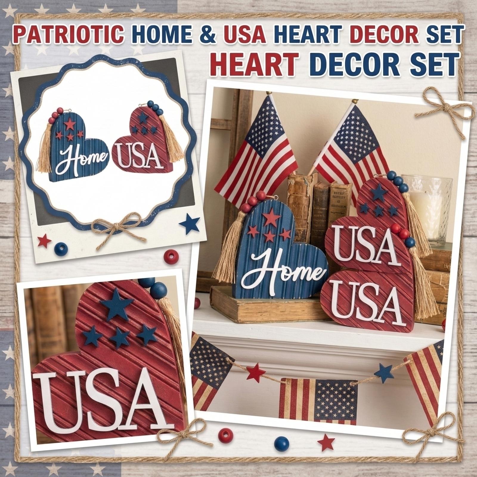 

Independence Day Heart-Shaped Flag Red And Blue Stars And Stripes Wooden Decoration For Holiday Desktops Independence Day One Size