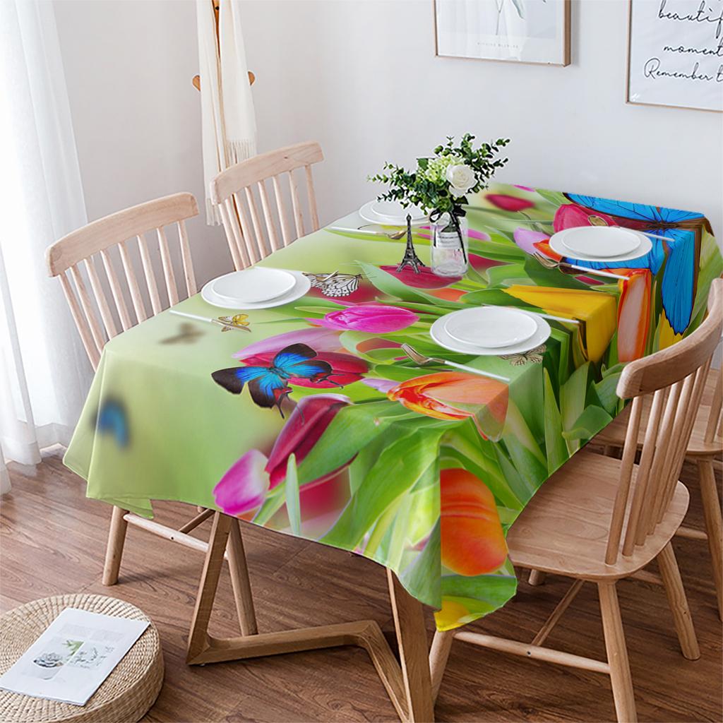 Tischdecke mit Schmetterlings-, Grün- und Blumenmotiv, Urlaubsdeko, wasserdicht, rechteckige Tischdecken, Hochzeitsdeko, Tischdecke