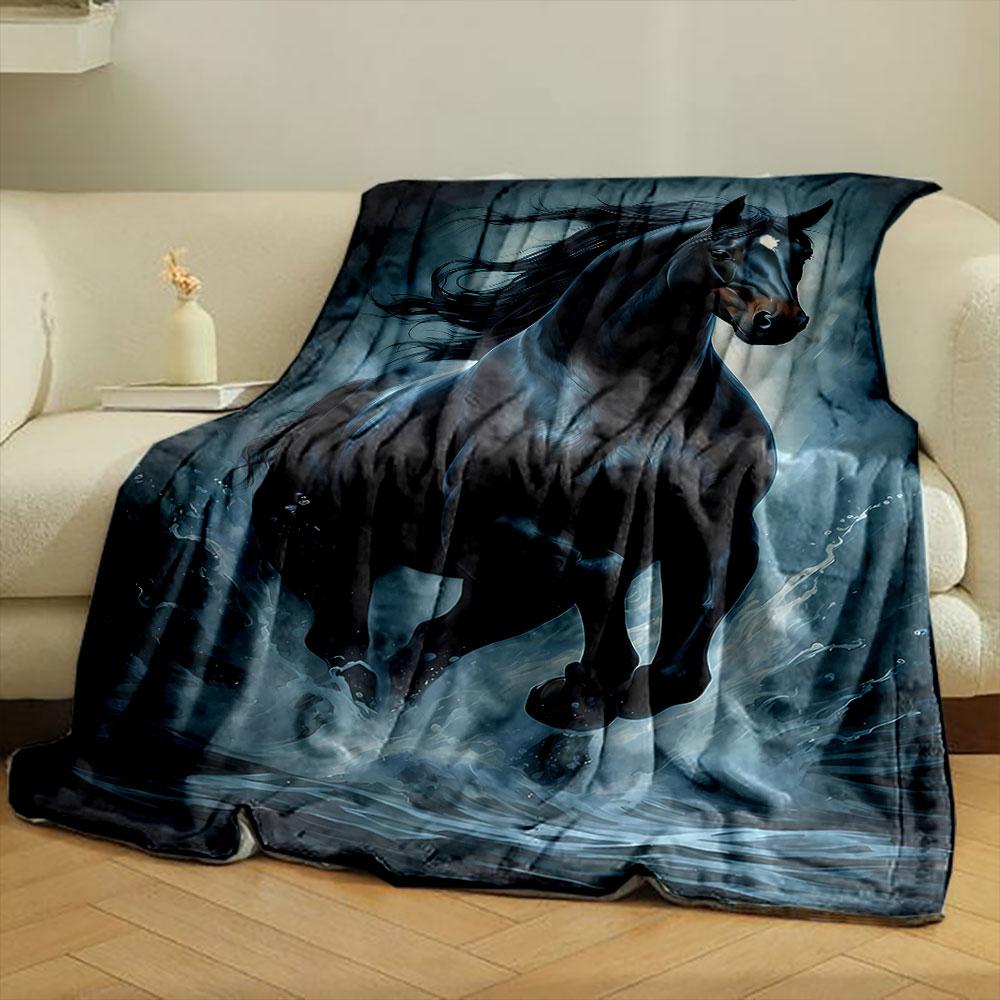 Zwart Paard Waterloop Print Deken slaapkamer Deken voor Woonkamer Bank lunchpauze Zachte plaid voor Vrienden festival Cadeau
