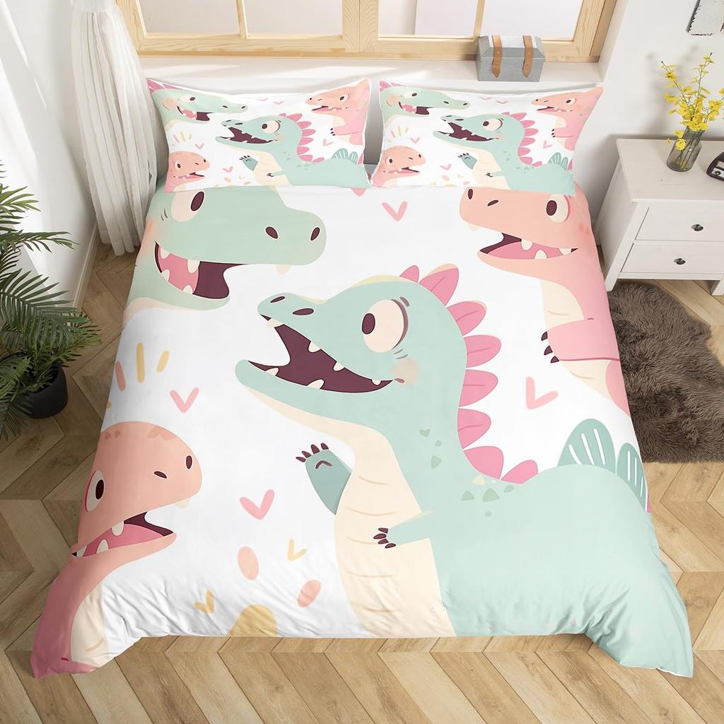 Cute Dinosaur Duvet Cover King Queen Kawaii Cartoon Wild Dino Bedding Set For Kids Boys Girls Jungle Animals Comforter Cover