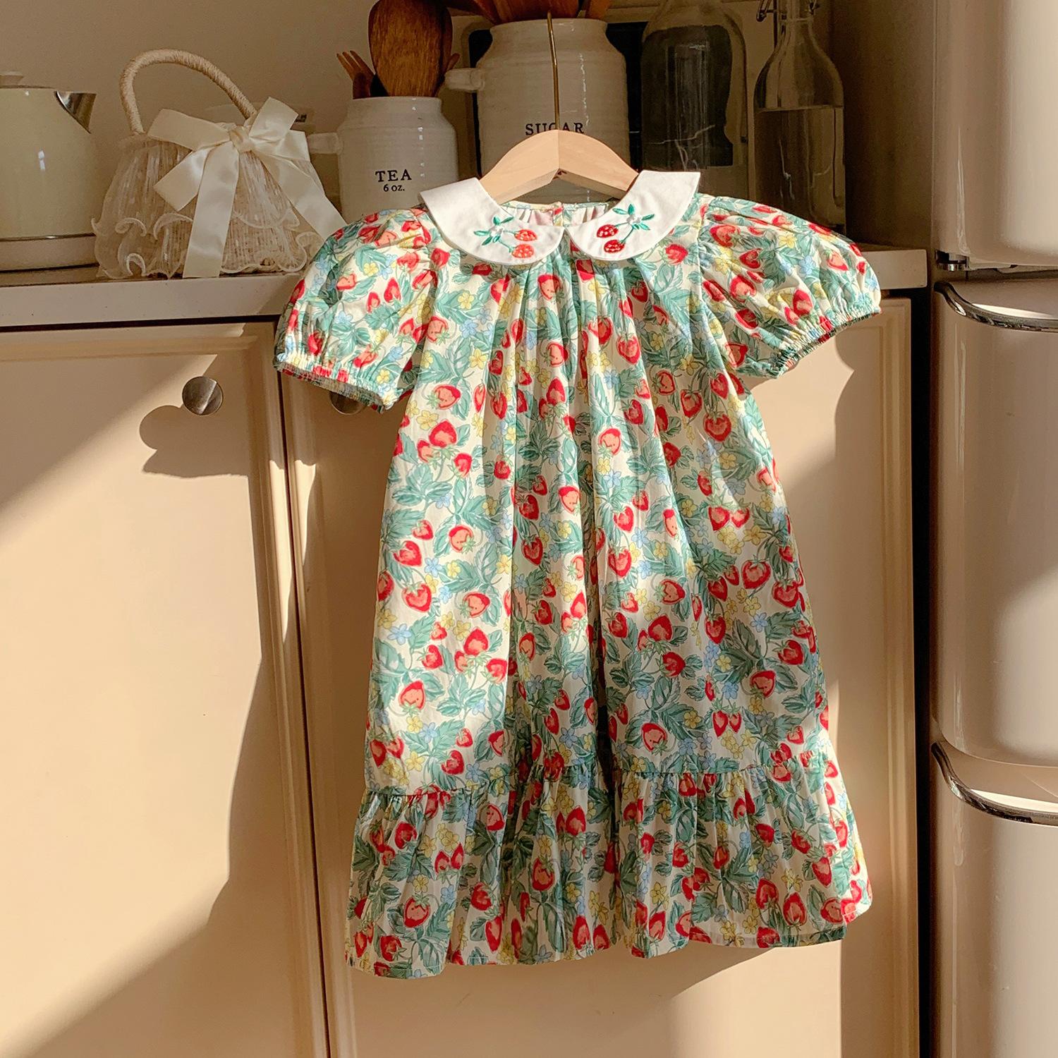 Sweet Strawberry Embroidered Peter Pan Collar Girls Summer Dress Short Sleeve Tiered Cake Dress For Kids 90cm