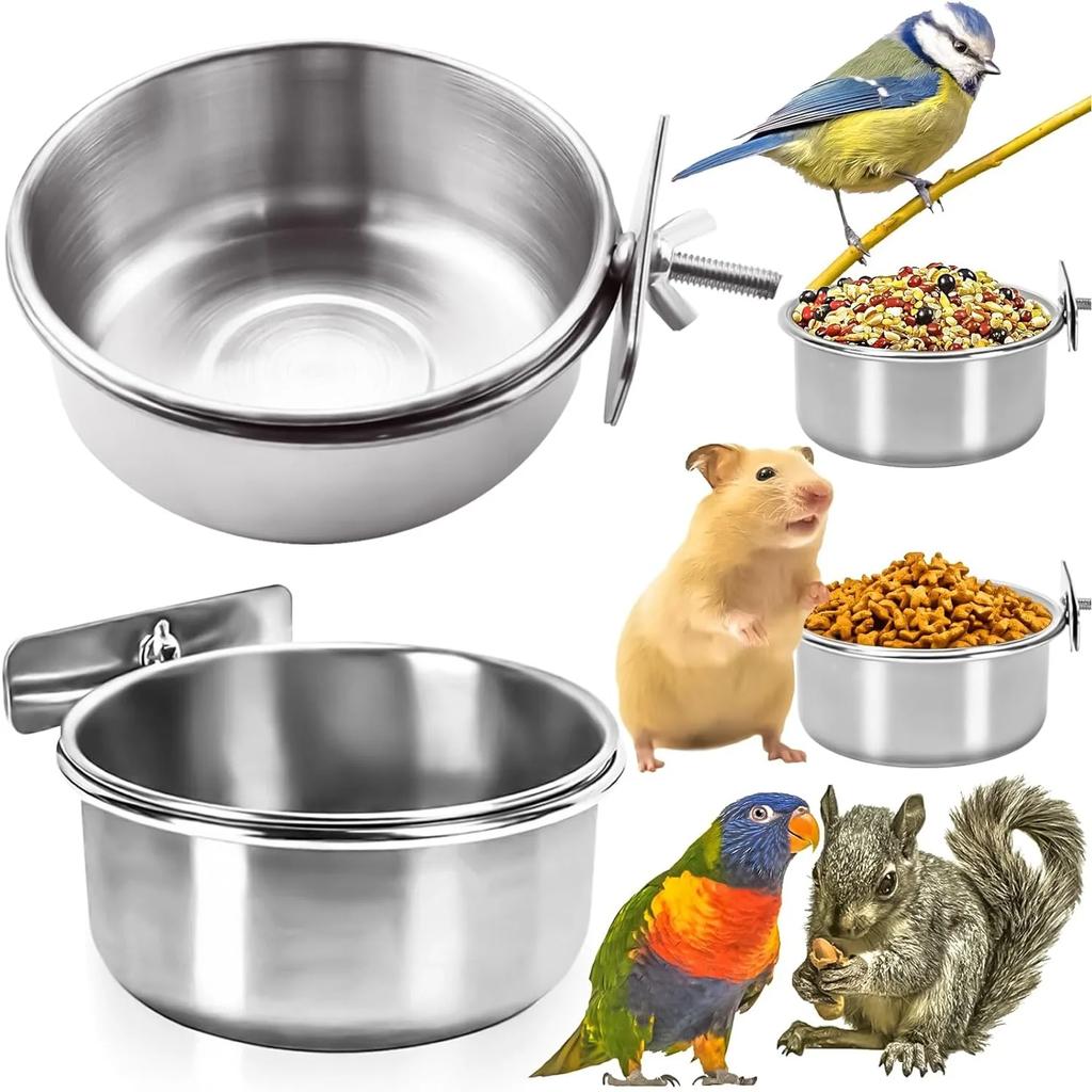 Stainless Steel Bird Bowl Cup Dish with Clamp Parrot Food Water Dishes Birdcage Feeder for Cockatiel Budgie Conure Macaw