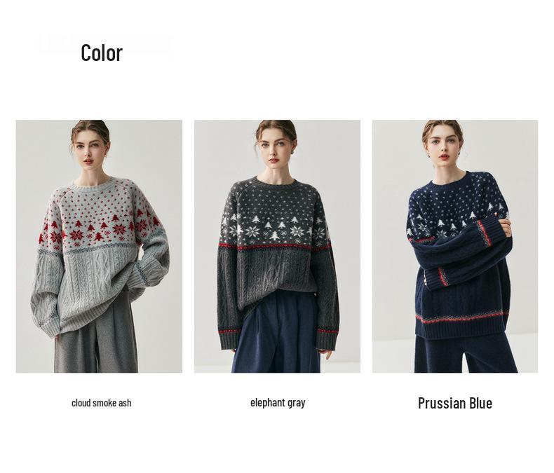 Women's Cashmere Snowflake Drop-Shoulder Sweater - Warm, Super Thick Crew Neck for Autumn/Winter