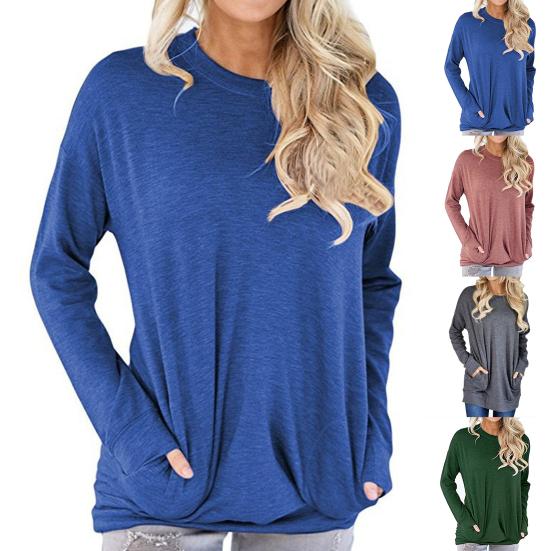 חולצת טי-שירט רפויה לנשים, צבע אחיד, שרוולים ארוכים, עם כיסים, טוניקה רפויה, סתיו