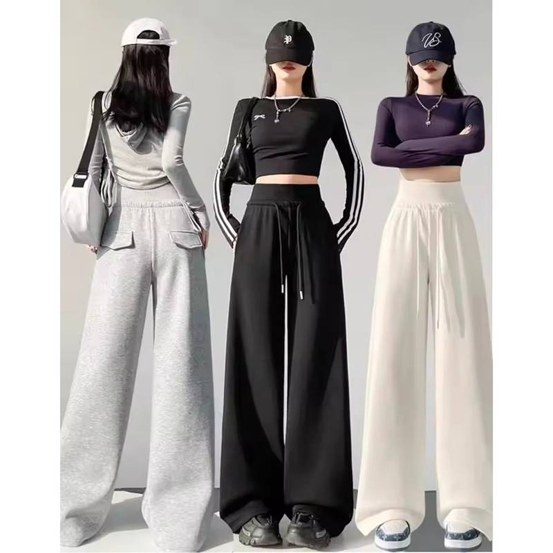 Women's Gray Sports High Waist Hanging Loose Slimming Straight Leg Wide Leg Pants American Sweatpants