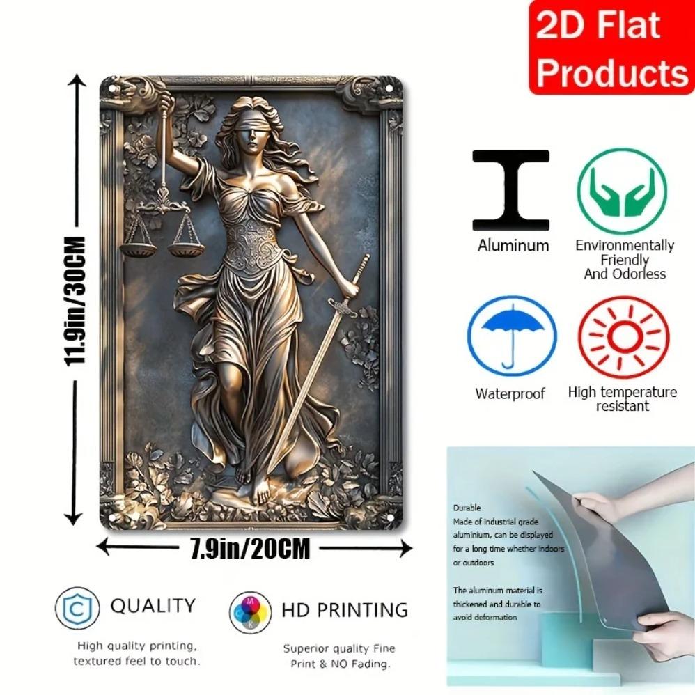 Vintage Aluminum Wall Hanging: Justice Goddess Design with Scales of Justice - Decorative Metal Plaque for Bar, Living Room