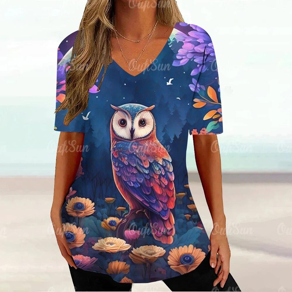 Dámská trička Vintage sova Zvířecí grafický potisk Tričko Letní móda Výstřih do V Krátký rukáv Top Trička Oversized Dámské tričko Oblečení