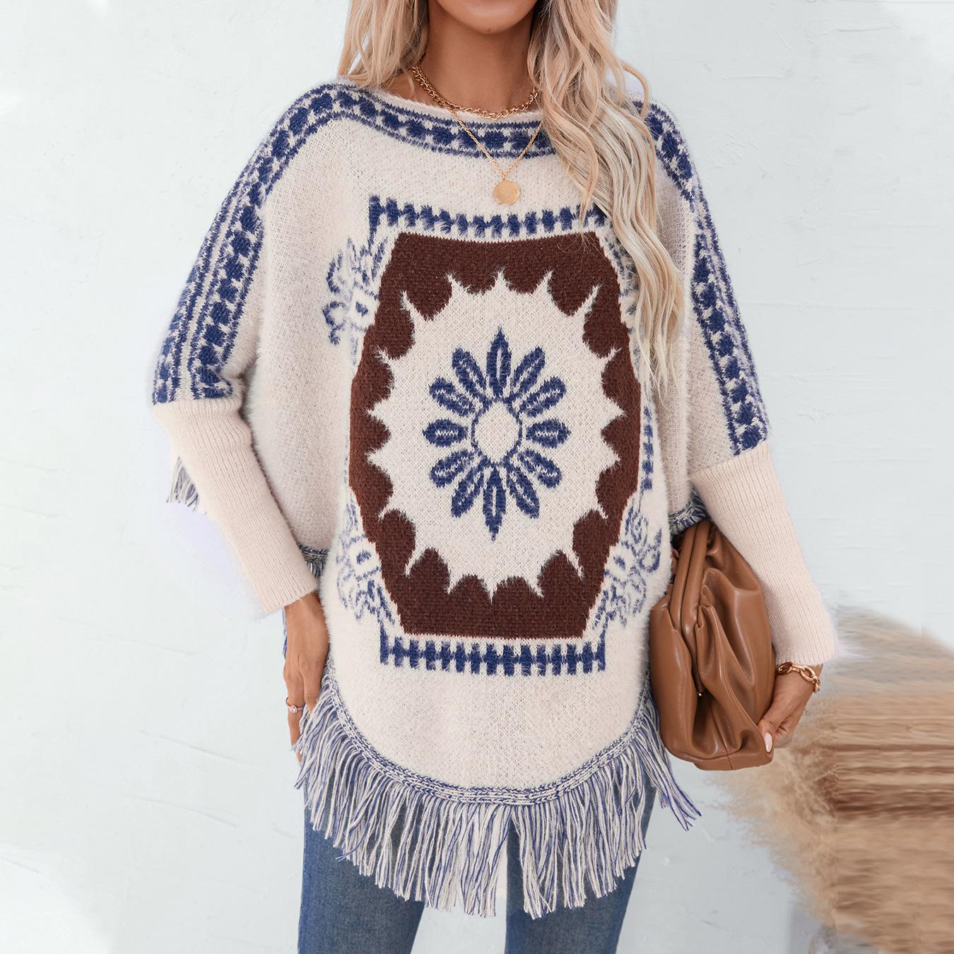 Осень и зима Женский принт Свободный рукав летучая мышь Перекрестная граница Плащ — фото 4