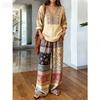 New Bohemian Print V-neck Top + Wide-leg Pants Loose Set, Fashionable Casual Two-piece Set